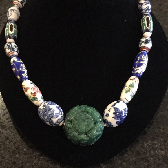 Vintage Caved Jade & Ceramic Painted Bead Necklace - Picture 4 of 16